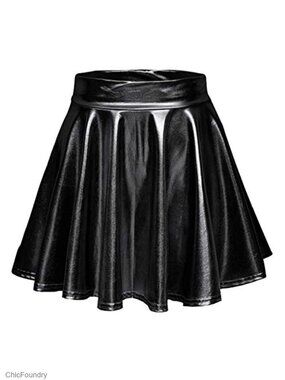 Shiny Metallic Wet Look Stretchy Flared Mini Skater Skirt